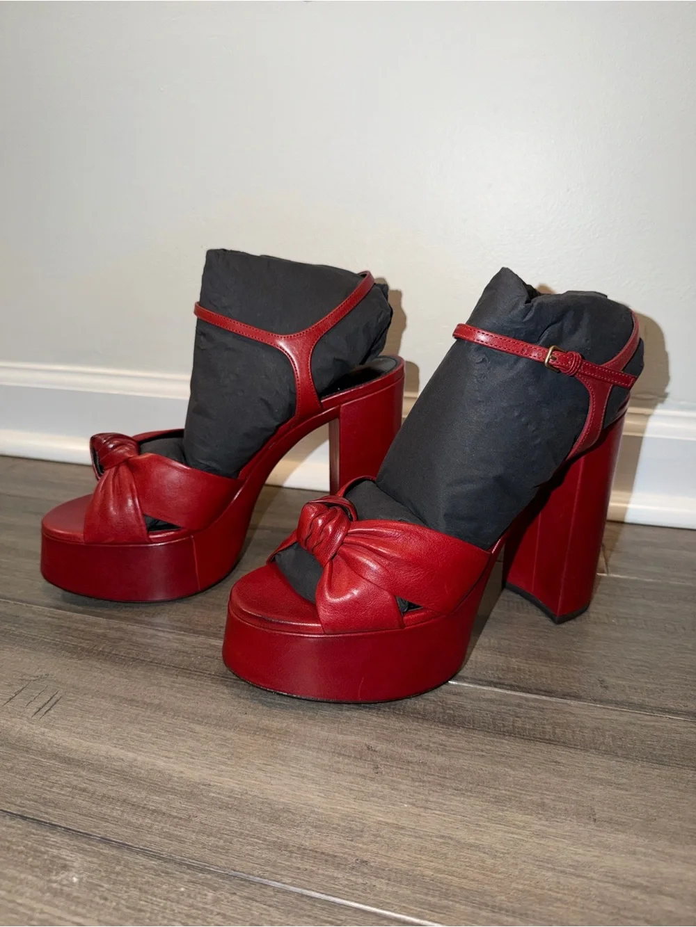 Saint Laurent Red Leather Bianca Knotted Platform Sandals - NWT